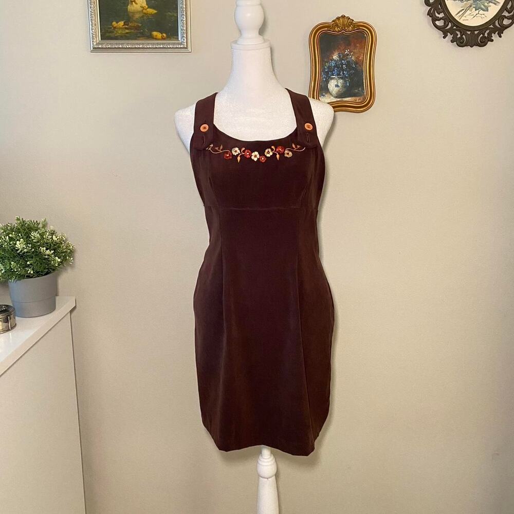 Vintage Y2K Brown Corduroy Embroidered Floral Mini Dress